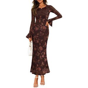 Women's Coffee Bell Long Sleeve Floral Maxi Dress Spring Fashion Bodycon Mesh